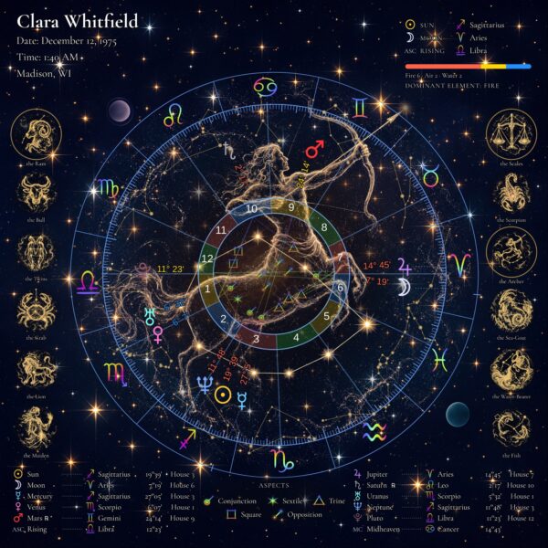 Starry Night with Figure personalized natal birth chart metal print, full chart straight on with a see-through Sagittarius archer figure over a golden starfield, with name, birth date, time and place