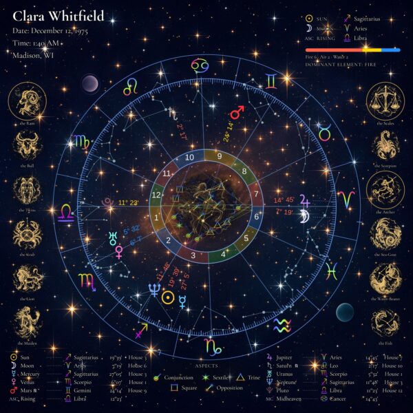 Celestial Starry Night personalized natal birth chart metal print, full chart straight on with a Sagittarius archer medallion at the centre over a golden starfield, with name, birth date, time and place