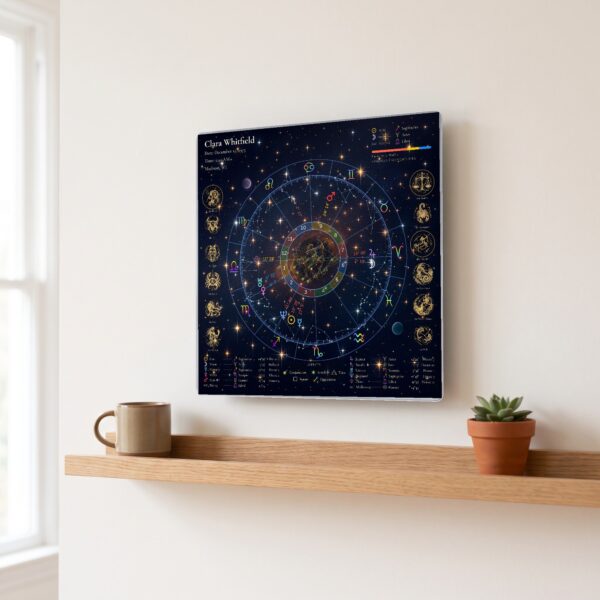 Celestial Starry Night personalized birth chart metal print hanging on a wall above a shelf, 12 x 12 inches