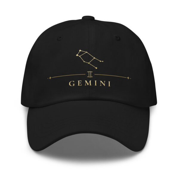 Black classic dad hat with gold Gemini constellation and GEMINI wordmark