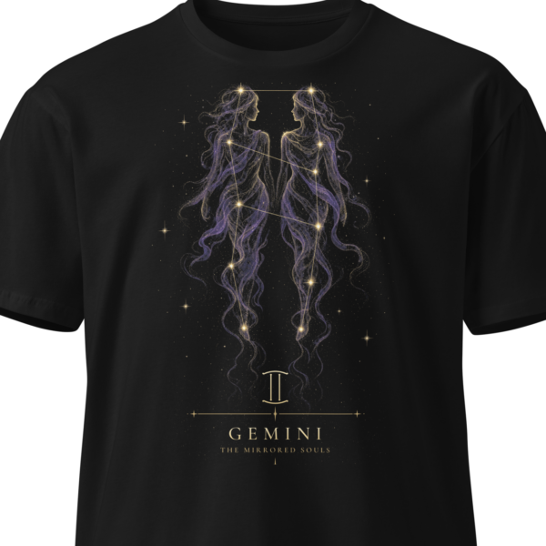 Black unisex t-shirt shown on an invisible mannequin with the gold and violet Gemini twins design