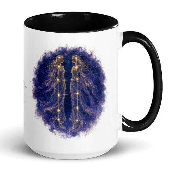 White ceramic mug with black interior and handle, showing the enlarged gold and navy Gemini constellation orb