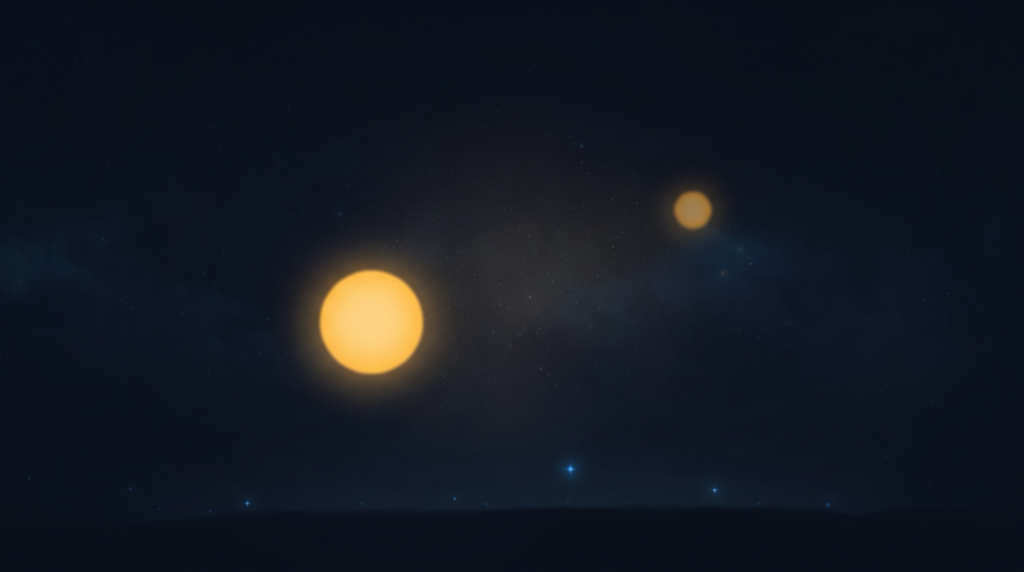The same light, twice Two soft golden lights in a dark night sky, one near and bright, one far and dim — the same light seen twice