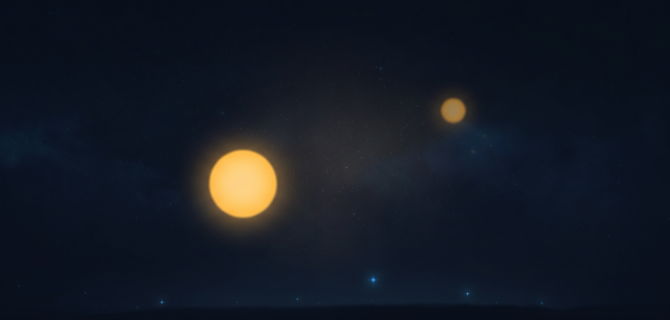 Two soft golden lights in a dark night sky, one near and bright, one far and dim — the same light seen twice