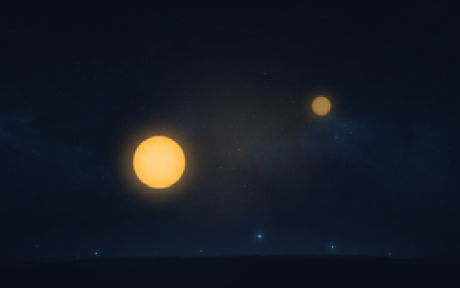 Two soft golden lights in a dark night sky, one near and bright, one far and dim — the same light seen twice