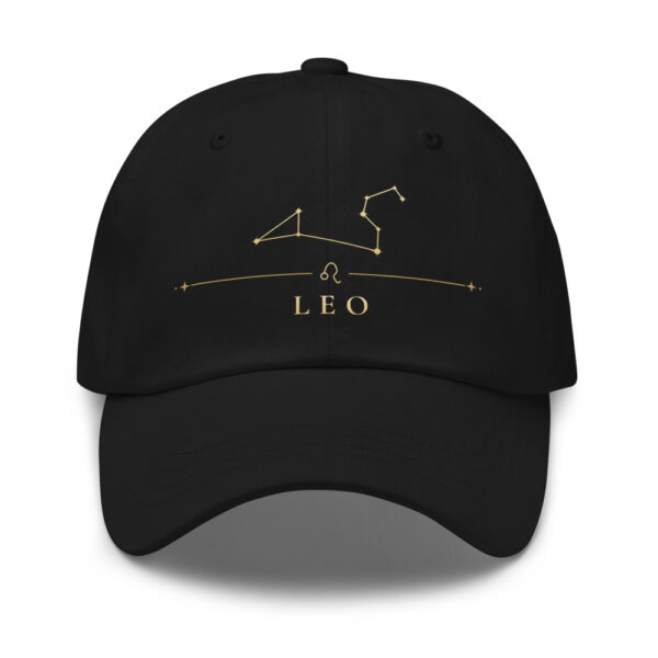 Black classic dad hat with gold Leo constellation and LEO wordmark