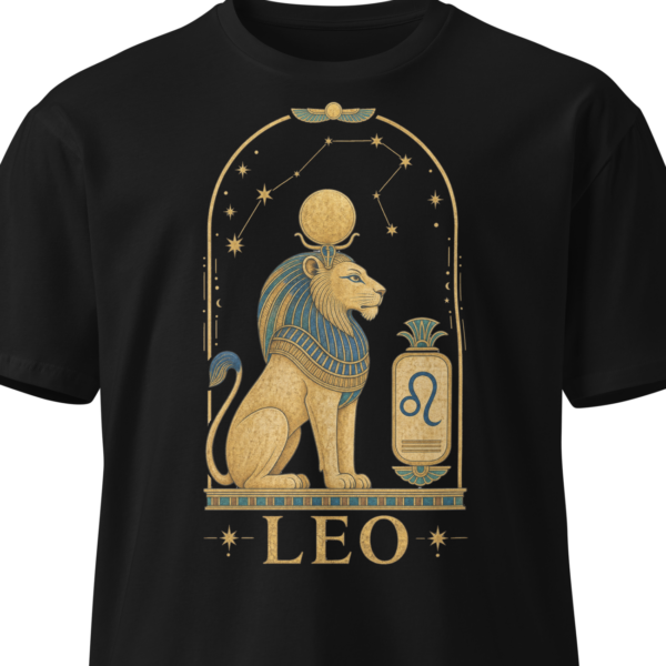 Black unisex t-shirt on an invisible mannequin showing the Leo design