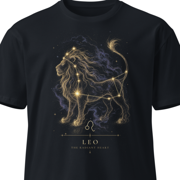 Black unisex t-shirt on an invisible mannequin showing the Leo design