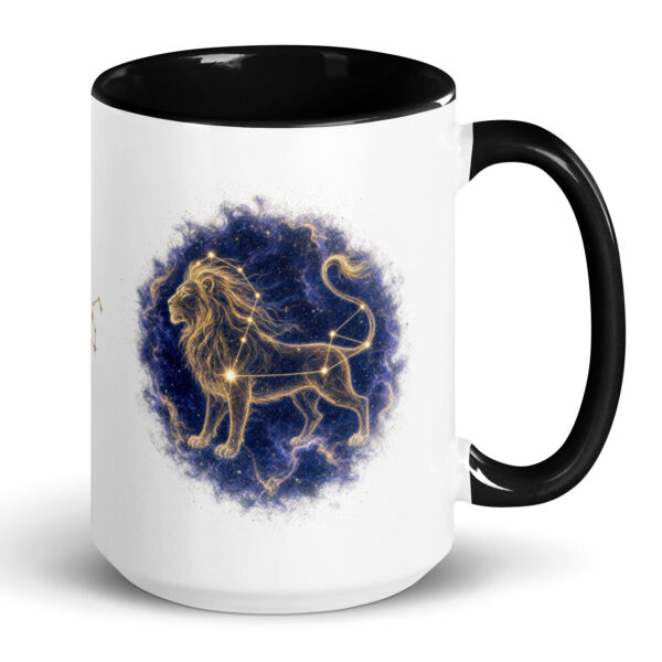 White ceramic mug with black interior and handle, showing the enlarged gold and navy Leo constellation orb