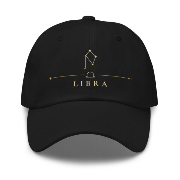 Black classic dad hat with gold Libra constellation and LIBRA wordmark