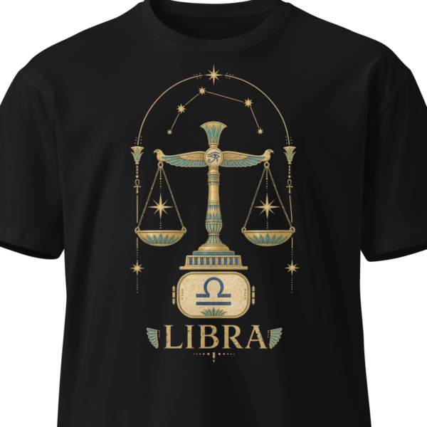 Black unisex t-shirt on an invisible mannequin showing the Libra design