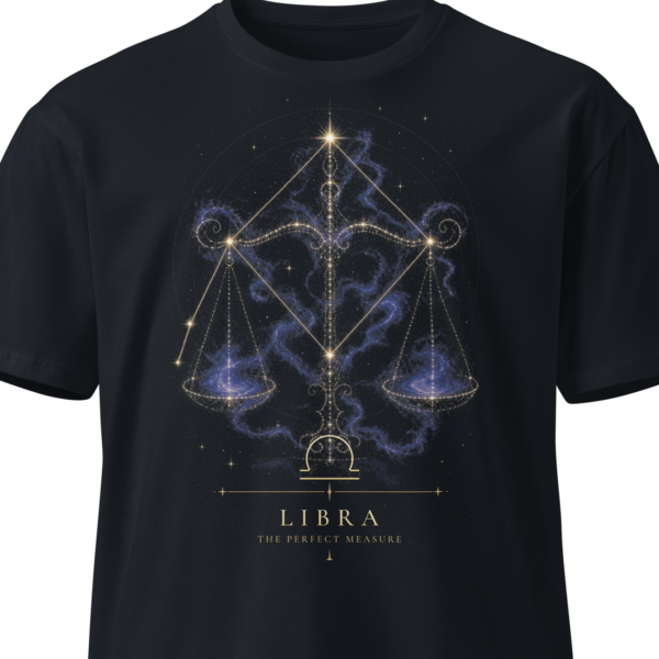 Black unisex t-shirt on an invisible mannequin showing the Libra design
