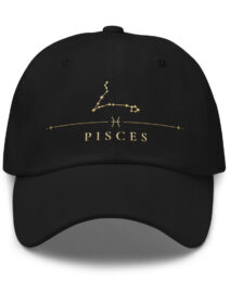 Black classic dad hat with gold Pisces constellation and PISCES wordmark