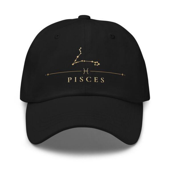Black classic dad hat with gold Pisces constellation and PISCES wordmark