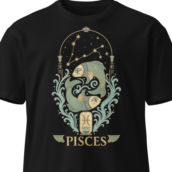 Black unisex t-shirt on an invisible mannequin showing the Pisces design