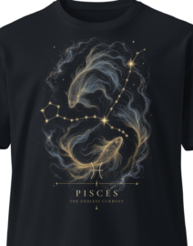 Black unisex t-shirt on an invisible mannequin showing the Pisces design