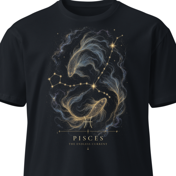 Black unisex t-shirt on an invisible mannequin showing the Pisces design