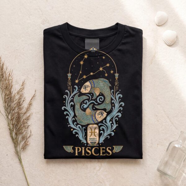 Black Pisces Ancient Egypt zodiac T-shirt folded flat on cream stone with seashells