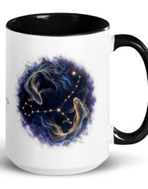 White ceramic mug with black interior and handle, showing the enlarged gold and navy Pisces constellation orb