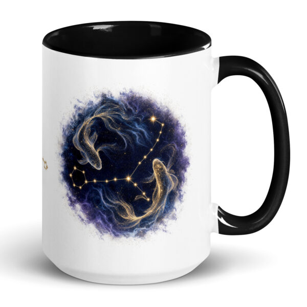 White ceramic mug with black interior and handle, showing the enlarged gold and navy Pisces constellation orb
