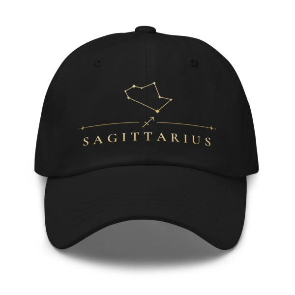 Black classic dad hat with gold Sagittarius constellation and SAGITTARIUS wordmark