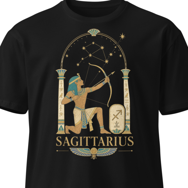 Black unisex t-shirt on an invisible mannequin showing the Sagittarius design