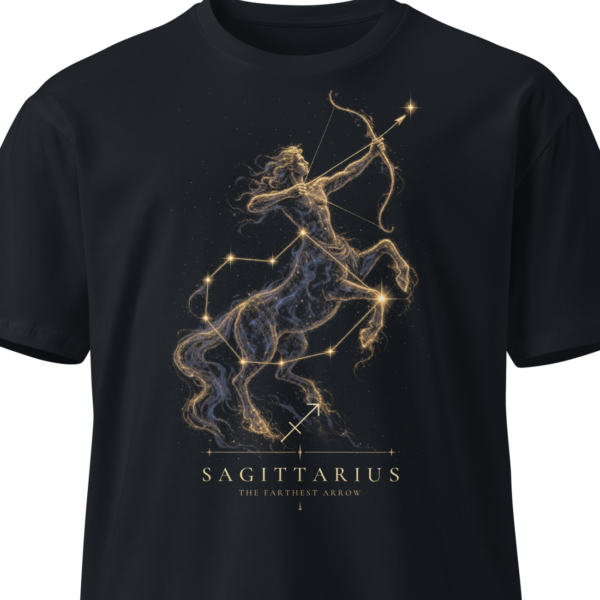Black unisex t-shirt on an invisible mannequin showing the Sagittarius design
