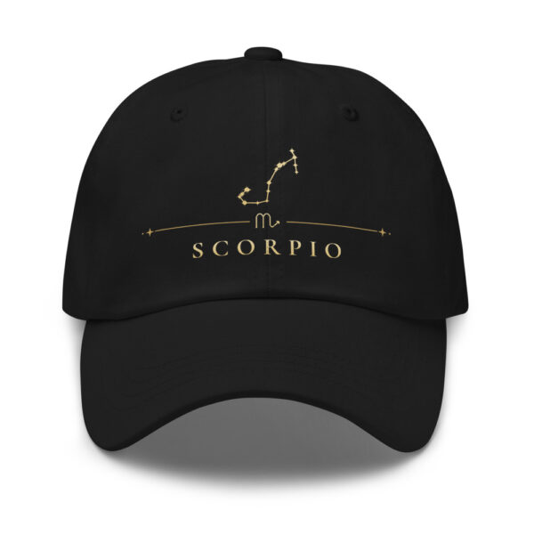 Black classic dad hat with gold Scorpio constellation and SCORPIO wordmark