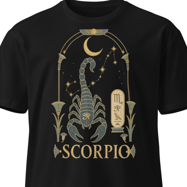Black unisex t-shirt on an invisible mannequin showing the Scorpio design