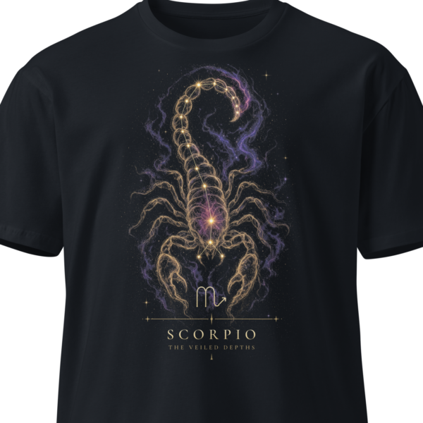 Black unisex t-shirt on an invisible mannequin showing the Scorpio design