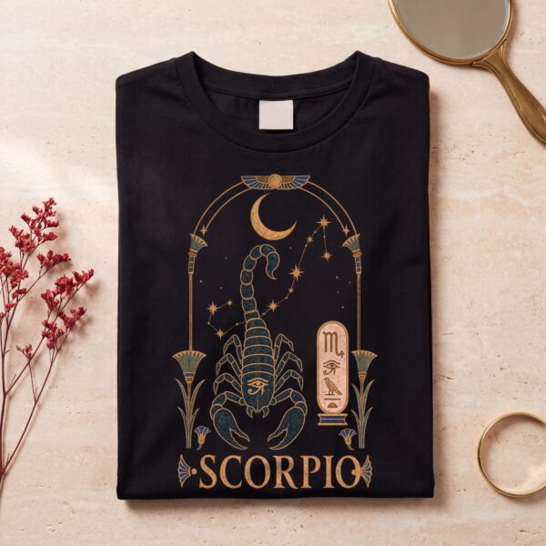 Black Scorpio Ancient Egypt zodiac T-shirt folded flat on cream marble with red flowers