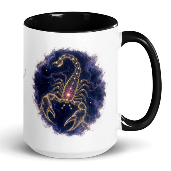 White ceramic mug with black interior and handle, showing the enlarged gold and navy Scorpio constellation orb