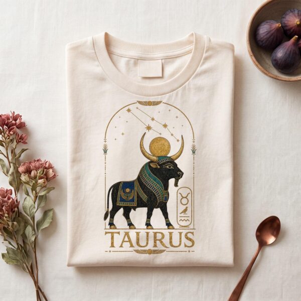 Natural Taurus Ancient Egypt zodiac T-shirt laid flat on linen with figs and dried flowers