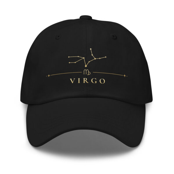 Black classic dad hat with gold Virgo constellation and VIRGO wordmark