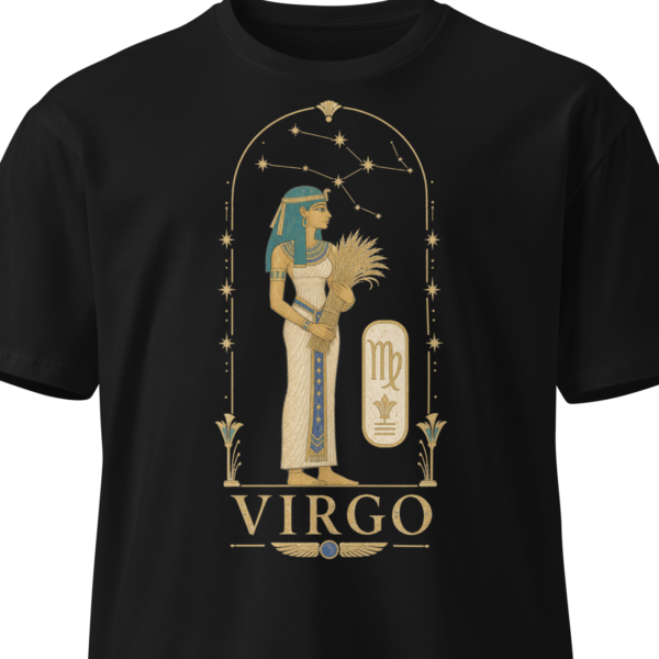 Black unisex t-shirt on an invisible mannequin showing the Virgo design