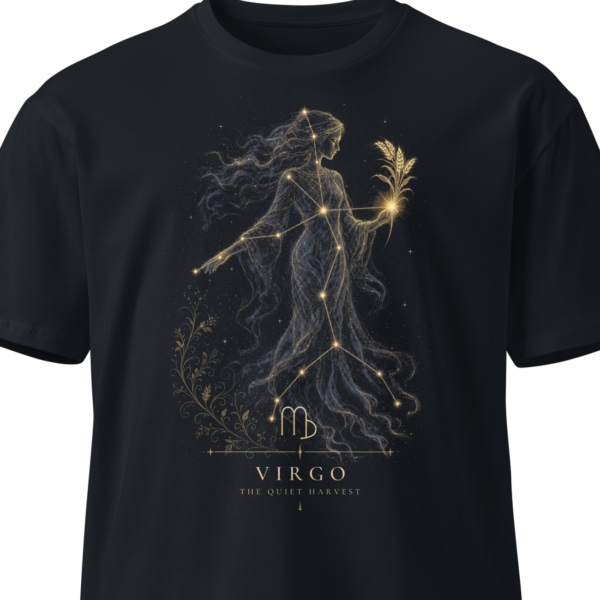 Black unisex t-shirt on an invisible mannequin showing the Virgo design