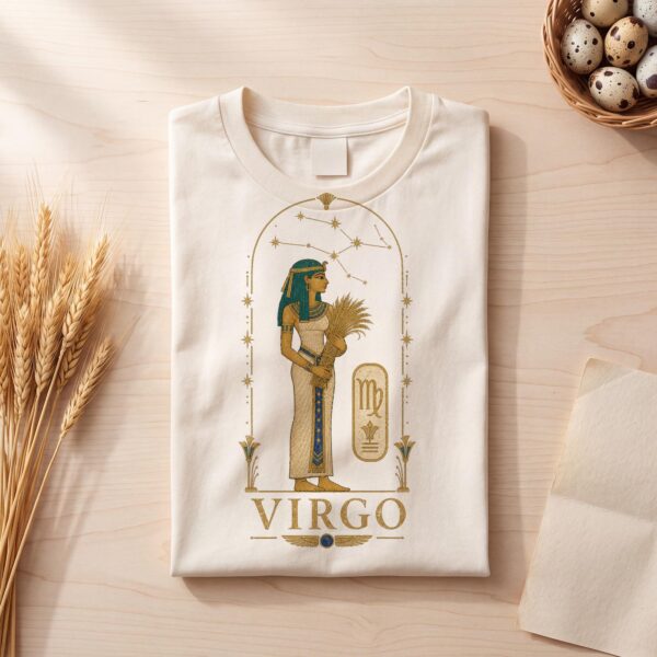 Natural Virgo Ancient Egypt zodiac T-shirt folded flat on light wood with wheat stalks