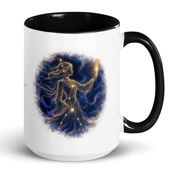 White ceramic mug with black interior and handle, showing the enlarged gold and navy Virgo constellation orb