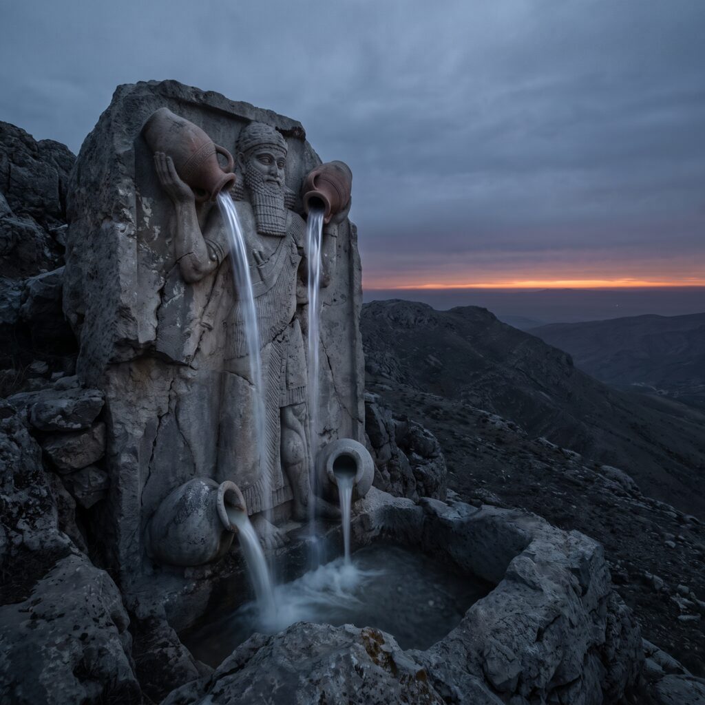The Age of Aquarius Gula, the Great One: a colossal weathered stone figure of a bearded Mesopotamian water-bearer standing astride a dark mountain ridge at dusk, two great vases raised overhead pouring bright streams of rain down toward the earth, two more vases at his