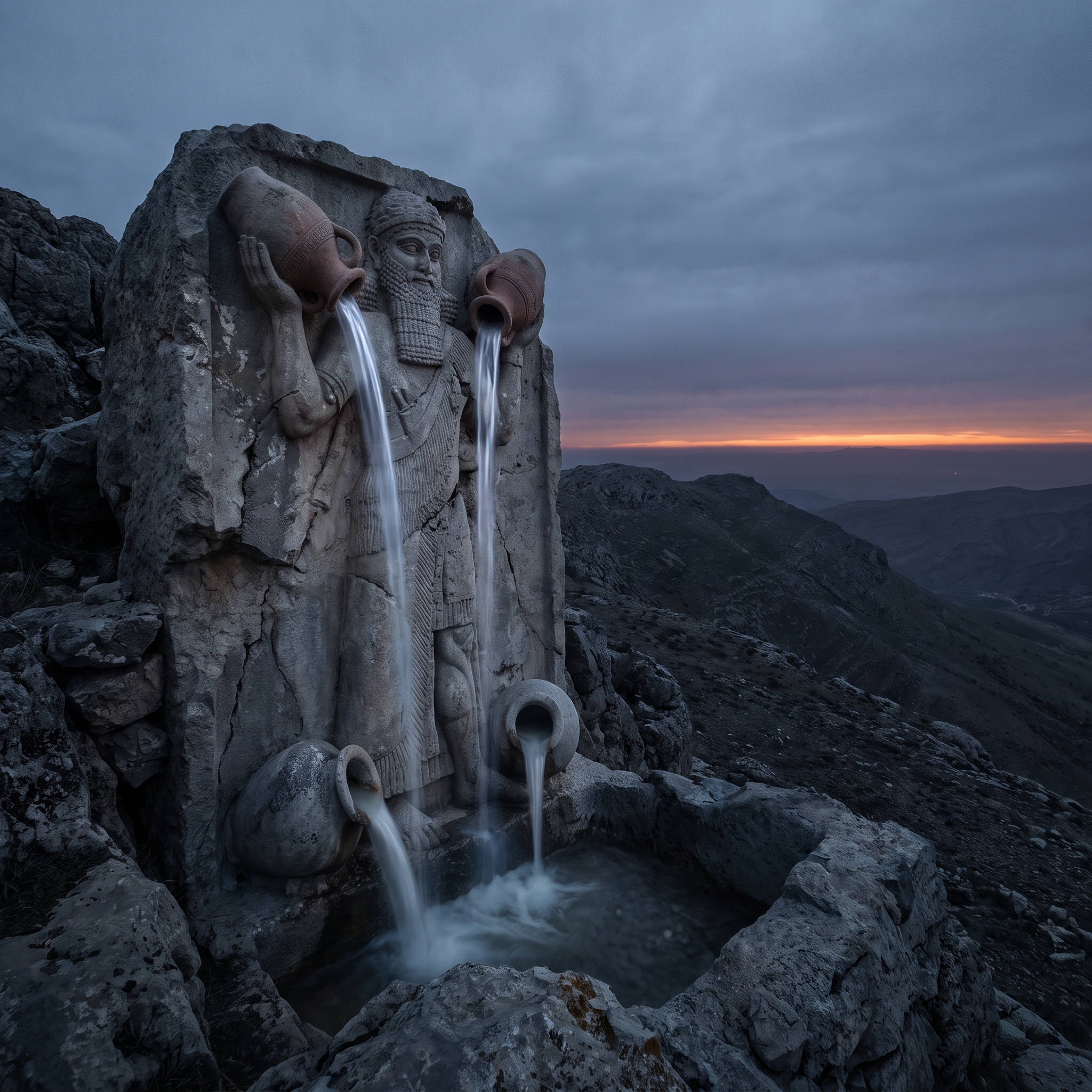 Gula, the Great One: a colossal weathered stone figure of a bearded Mesopotamian water-bearer standing astride a dark mountain ridge at dusk, two great vases raised overhead pouring bright streams of rain down toward the earth, two more vases at his