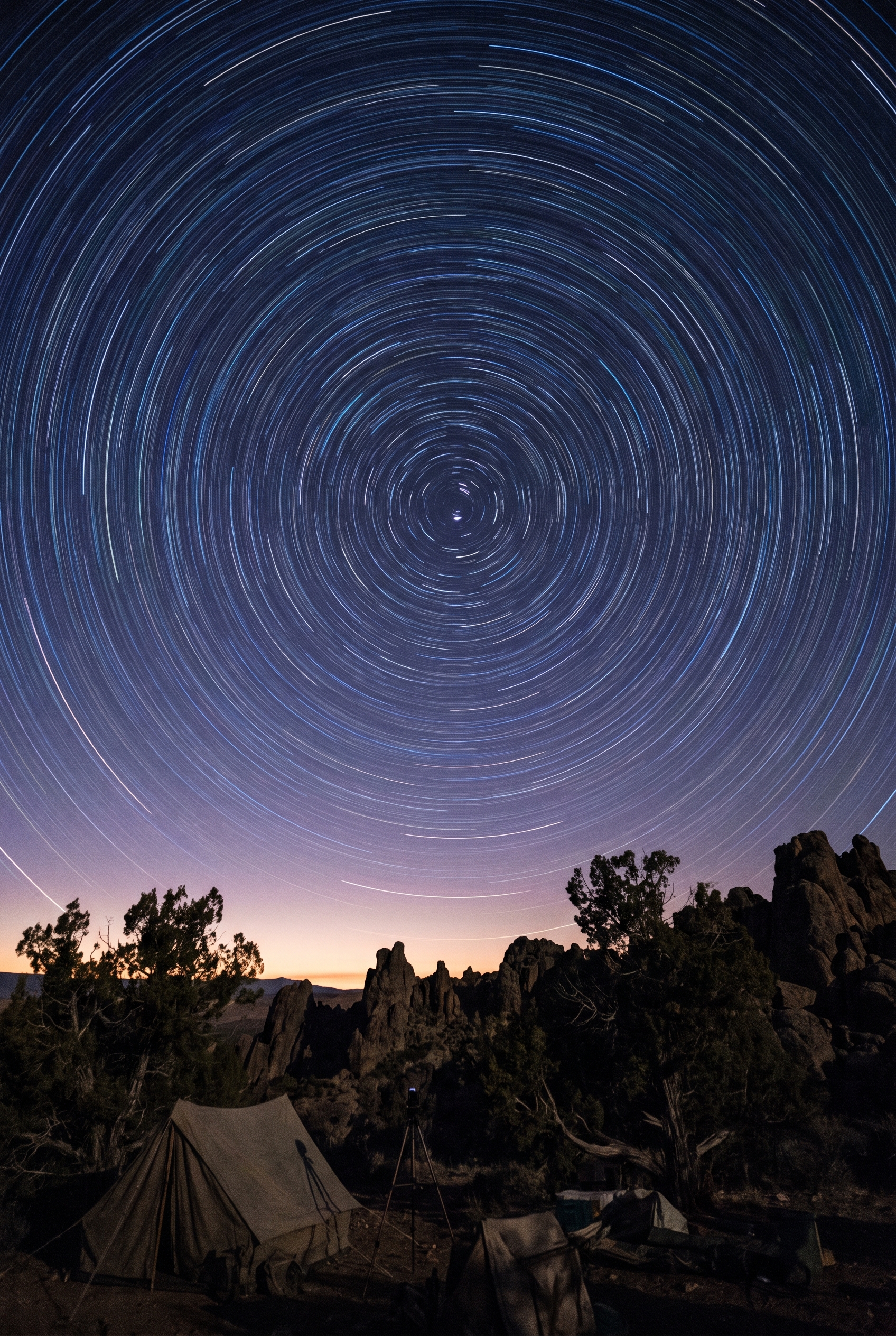 Star trails circling the celestial pole above a dark desert ridge