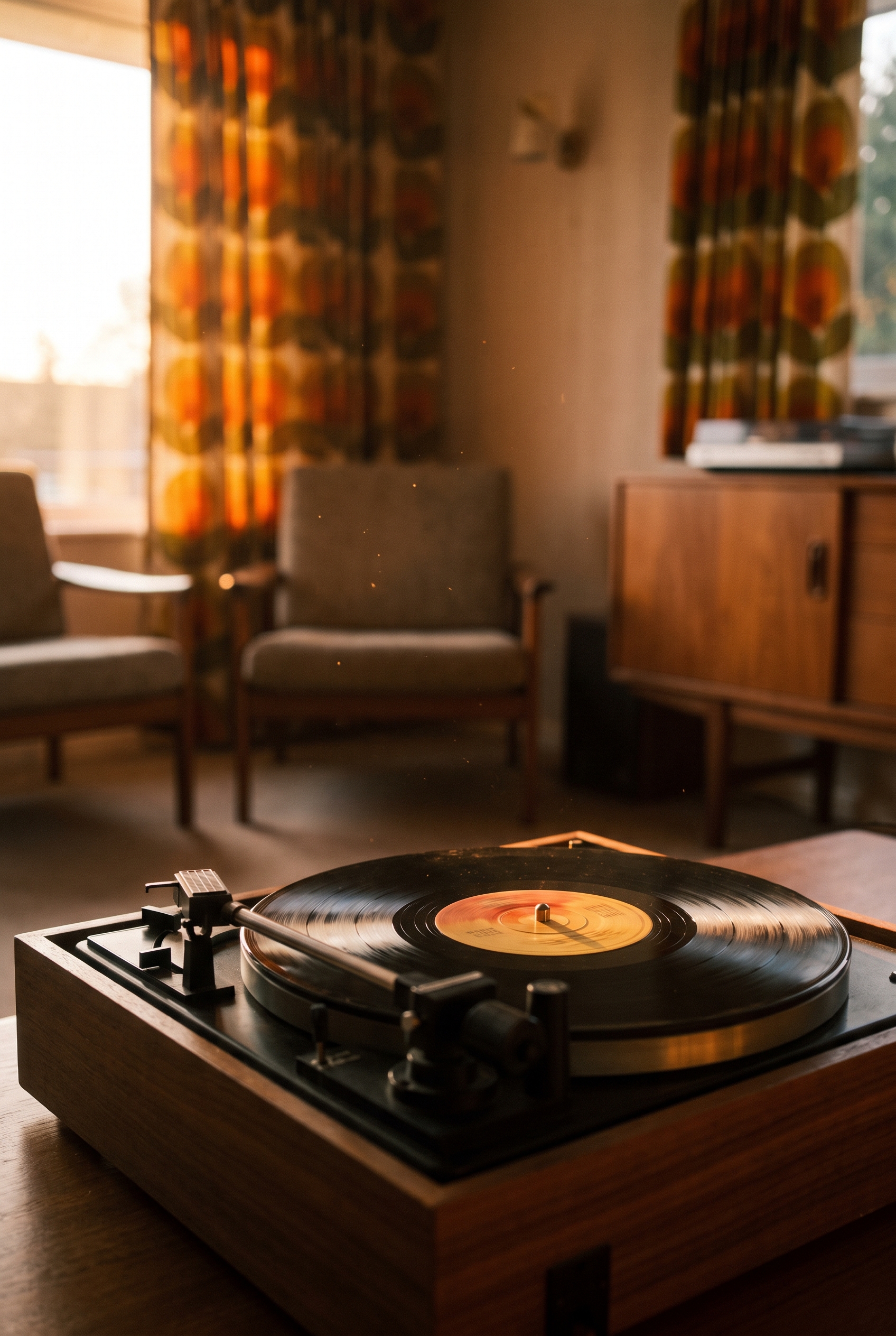 A 45rpm single turning on a record player in a 1960s living room