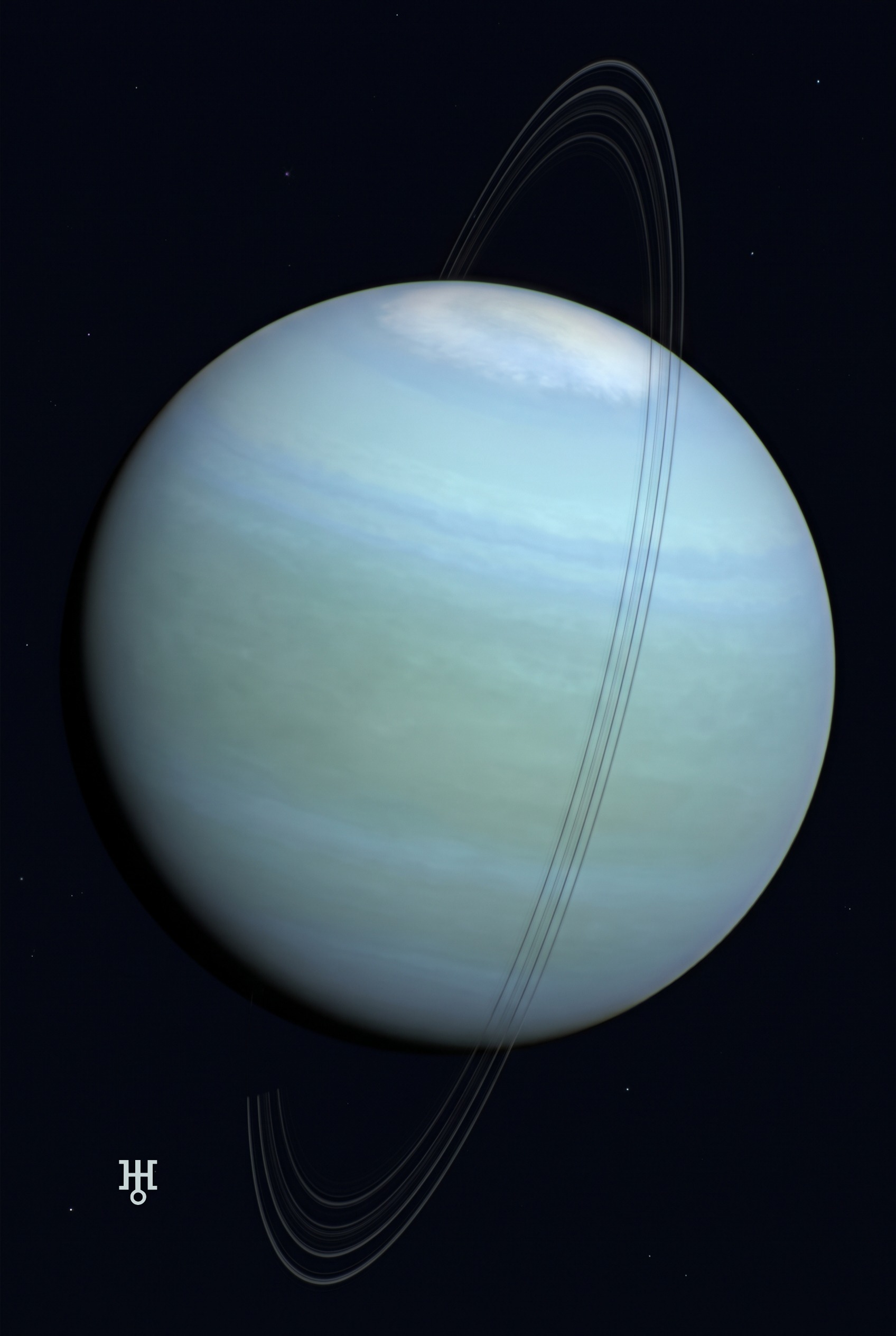 Uranus, a pale blue-green disc with faintly banded cloud tops and thin steeply tilted rings