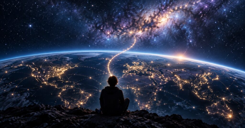 Messages from the Universe — we belong to one another A person beneath a starry sky overlooking an illuminated, interconnected Earth