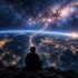 A person beneath a starry sky overlooking an illuminated, interconnected Earth