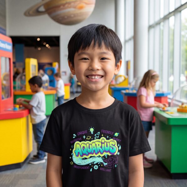 Aquarius Aries: Street Sign × Scorpio: Street Sign Tail Badge Youth Classic Tee (Gildan 5000B), White, Natural, Light Blue in use: A kids' science museum hall with colourful hands-on exhibits and a big planet model hanging overhead, bright even dayli
