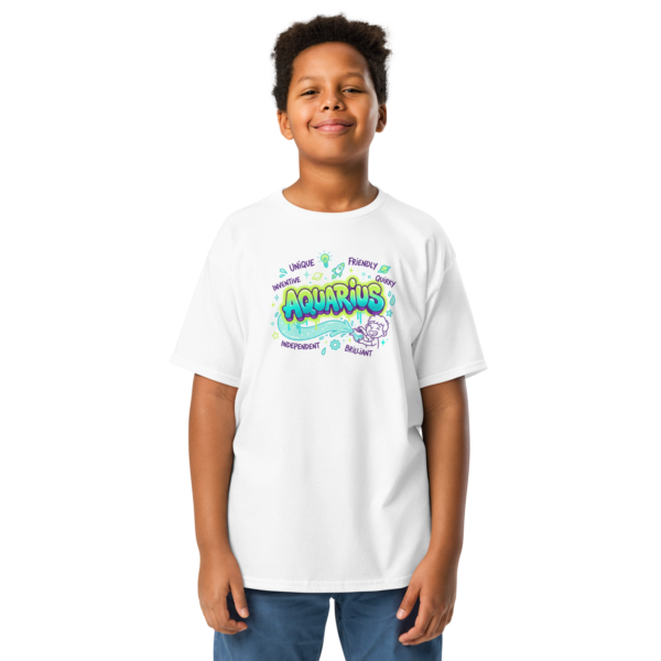 Aquarius Aries: Street Sign × Scorpio: Street Sign Tail Badge Youth Classic Tee (Gildan 5000B), White, Natural, Light Blue, front