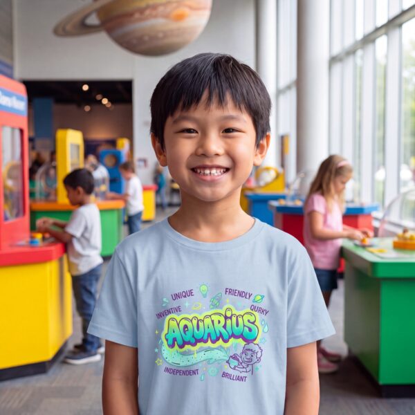 Boy at a kids' science museum wearing the light blue Aquarius graffiti street sign kids t-shirt