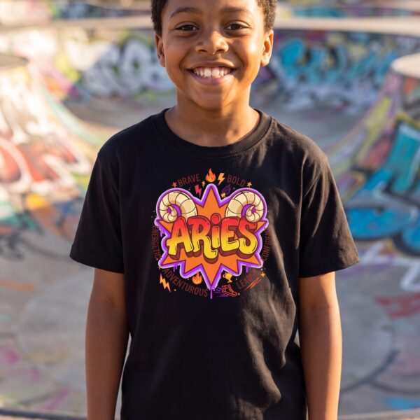 Aries Street Sign Youth Classic Tee (Gildan 5000B), White, Light Blue, Sport Grey in use: A skate park on a sunny afternoon with colourful graffiti-painted ramps softly out of focus behind, warm bright light, energetic and fearless