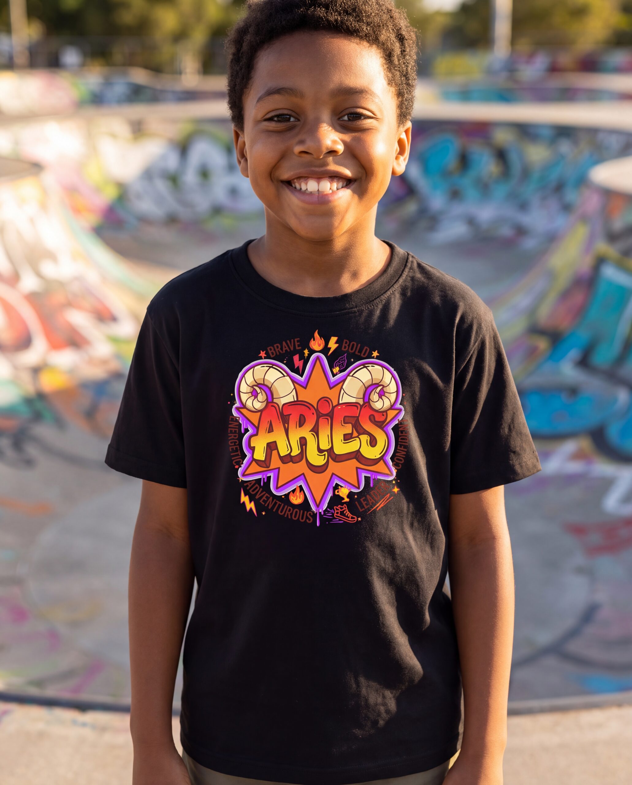 aries-street-sign-youth-tee-white-light-blue-sport-grey-2026-10-27-01-620ac6.jpg Aries Street Sign Youth Classic Tee (Gildan 5000B), White, Light Blue, Sport Grey in use: A skate park on a sunny afternoon with colourful graffiti-painted ramps softly out of focus behind, warm bright light, energetic and fearless